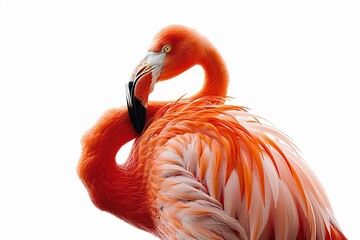 Canvas Print - Pink Flamingo Preening on White Background