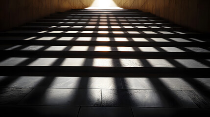 Wall Mural - Sunlight streams through the gaps above, casting long, parallel shadows on the steps, creating a high contrast pattern leading to a bright, distant exit.