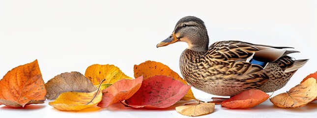 Sticker - Mallard Duck Among Autumn Leaves