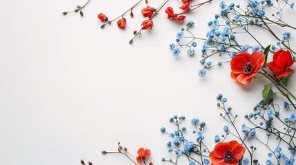 Wall Mural - 4. An artistic flat lay corner arrangement featuring begonia flowers and small blue flowers on a white background. The top view provides a detailed look at the floral elements while leaving plenty of