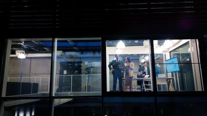 Poster - Female and Male Colleagues Looking Out of the Window From a Modern Loft Office. Planning a Lucrative Real Estate Business Deal, Discussing the Strategic Partnership with a Client. View From the Street