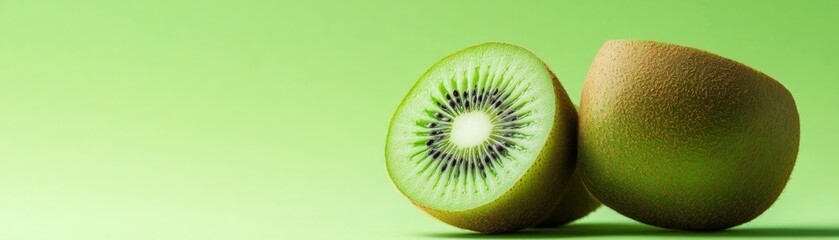 Close-up of Two Kiwis on a Green Background.