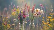 © Sinechana - 3. Bouquets of colorful wildflowers in small vases, capturing the gentle beauty of country meadows. This realistic composition is ideal for home decor, providing a lovely background wallpaper with