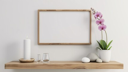 Wall Mural - 1. A minimalist modern room decorated with a sleek picture frame mockup on a wooden shelf against a pristine white wall, accompanied by a stylish decorative candle, elegant glassware, natural rocks,