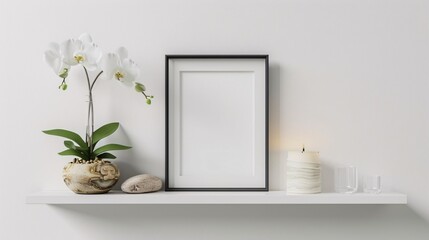 Wall Mural - 5. Chic modern interior featuring a picture frame mockup on a sleek wall-mounted shelf against a crisp white wall. The shelf is tastefully decorated with a candle, delicate glassware, smooth rocks,