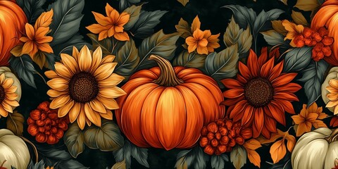 Lovely hand drawn Thanksgiving seamless pattern with pumpkins and sunflowers, great