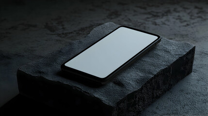 Wall Mural - A black smartphone with a blank screen sits on a rough black rock.