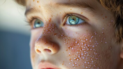 A high-resolution, realistic image of a child's face with Monkeypox lesions. The photograph focuses on the severity and spread of the infection, capturing the texture and color variations of the skin