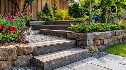 Canvas Print - New steps in a garden or back yard leading to a raised patio alongside a new raised flowerbed made using wooden sleepers 