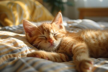 Poster - Sleeping Kitten on a Bed