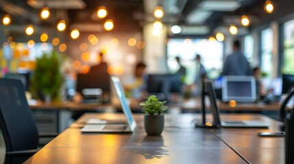 Business modern office open space with wooden table bokeh background blurred interior with panoramic windows and beautiful lighting