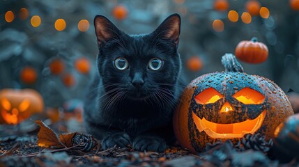 Poster - Black Cat and Jack-o'-Lantern for Halloween