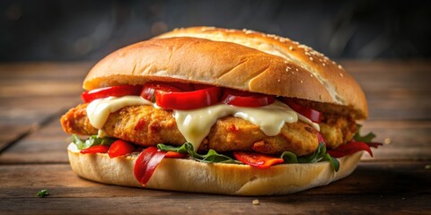 Wall Mural - Crispy chicken burger with melted provolone, roasted red peppers, and garlic aioli on toasted ciabatta roll , food