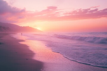 Wall Mural - A serene beach scene at sunset. Waves gently lap at the shore. Soft pink and purple hues create a dreamy atmosphere. Perfect for relaxation and inspiration. Generative AI