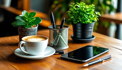 There is a cup of coffee, mobile phone and pen and a pot of green plants on the desktop