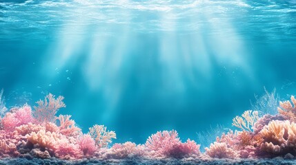 Underwater Coral Reef with Sunbeams and Blue Water