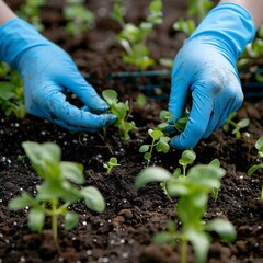 2. Close-up of hands in blue latex gloves planting seedlings in rich brown soil, vegetable garden with various green plants and herbs, raised garden bed, spring gardening, organic farming, urban