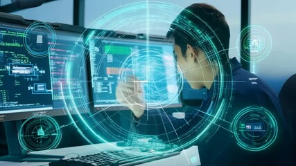 A programmer is immersed in coding at sunset, surrounded by dual monitors showcasing intricate software development