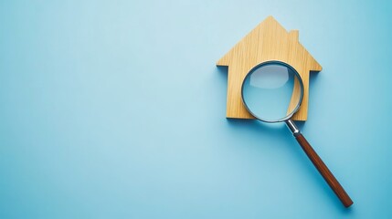 In this real estate concept, a wooden house is depicted alongside a magnifying glass on a blue background.