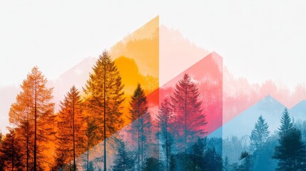 Double exposure of a forest scene with abstract paint splatters in primary colors, blending nature and art in a surreal manner