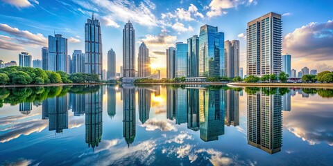 majestic symmetrical skyscraper reflections crystal-clear waters serene urban oasis calm mirror-like glassy surfaces tranquil symmetry composed harmonic balance