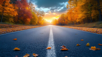 Wall Mural - Asphalt road landscape at sunset in beautiful Autumn landscape