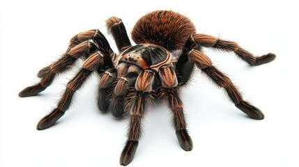 Goliath tarantula with its distinctive hairy body and strong legs, centered on a white background, emphasizing its imposing presence.