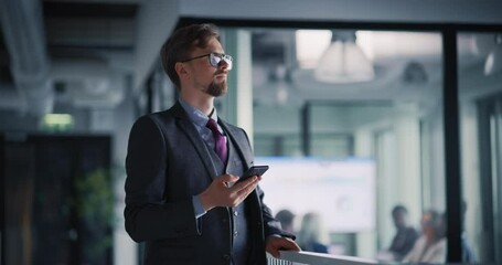 Poster - Office Building: Businessman Using Smartphone in the Hall, Doing e-Business, Browsing Internet with an App. Entrepreneur Working Remotely, Checking Emails and Financial News, Writing Messages