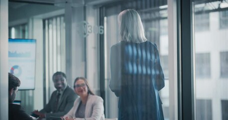 Aufkleber - Managers and Specialists Having a Business Meeting in the Conference Room in a Modern Loft Office. Female Project Manager Making a Presentation with Analytics, Stats and Detailed Reports