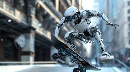 Robot Skater Performing Trick: A robotic skater performing an intricate trick on a sleek, modern skateboard.
