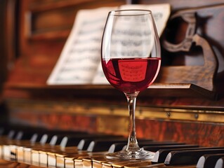 Wine Glass Atop Grand Piano with Sheet Music in Elegant and Classic Setting