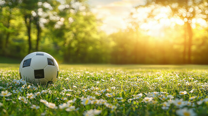 Wall Mural - Soccer ball resting on grass field during sunset