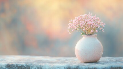 Wall Mural - Vibrant Sedum Flower in Vase on Marble Countertop - Close Up Image