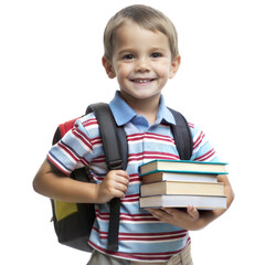 Young preschool student carrying backpack and books near school on white  background