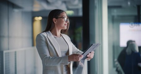 Poster - Female Professional Using Tablet Computer. Manager working with Digital Tools in the Workplace, Checking Corporate Business Accounts, Communicating with Partners and Colleagues