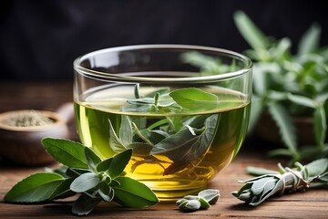 Close-up of sage herbal tea or decoction in a glass cup with adjacent herb leaves on a hardwood table, copy space, herbal drinks, and the idea of naturopathy