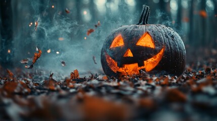 A glowing jack-o-lantern sits in a dark forest with smoke and leaves swirling around it.