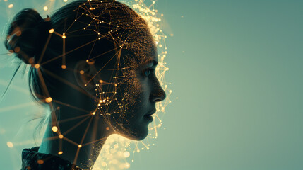 Sticker - Profile of Woman with Glowing Digital Network Overlay in a Futuristic Setting