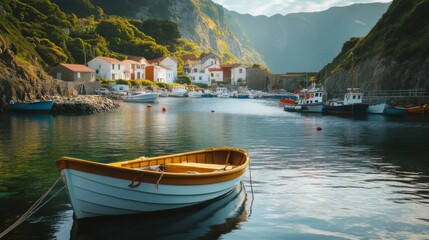 Wall Mural - A small boat rests in the calm waters of a picturesque harbor, with colorful houses and a mountain backdrop.