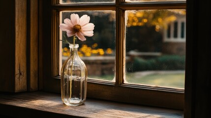 Wall Mural - Vibrant cosmos flower in vase on windowsill  - Beautiful floral arrangement for home decor