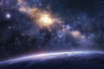 Wall Mural - A celestial view of a planet with a nebula and stars in the background