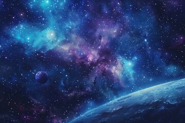 Wall Mural - A planet viewed from space with a nebula and stars in the background.