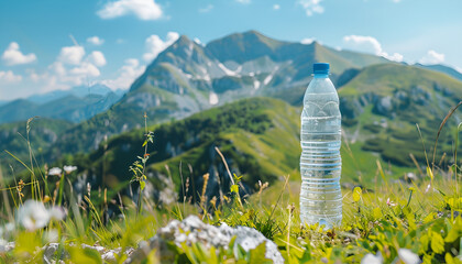 mineral water a plastic bottle and the beautiful mountain on background