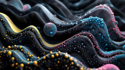 Canvas Print - Abstract 3D Waves and Spheres in a Dark and Vibrant Color Palette.