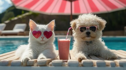 Persian cat and Puppy white maltese dog wearing pink heart sunglasses sitting and eating watermelon on beach chair and beach umbrella by the sea in resting summer vacation,pet friendly concept.