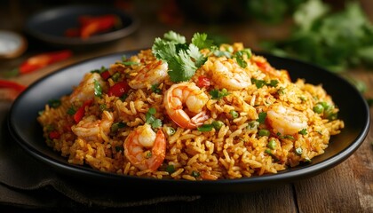 Wall Mural - Close-up of a plate of shrimp fried rice with cilantro garnish, red peppers, and peas.