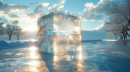 Wall Mural - Beautiful Ice Block Reflecting Sunlight in Serene Winter Landscape at Dusk