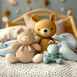 © UN Digital Art - Adorable plush baby toys on a cozy bed create a warm, inviting atmosphere for children's rooms and nurseries.