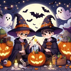 Wall Mural - halloween background with a witches