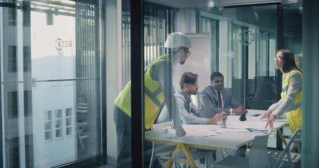 Poster - Real Estate Managers Meeting Civil Engineers to Discuss an Opportunistic Construction Project. Diverse Female and Male Specialists Meeting in a Conference Room in a Modern Office Building